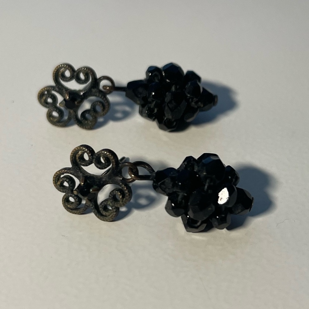 Black and Gold Tone Post Earrings with Beaded Drop Design